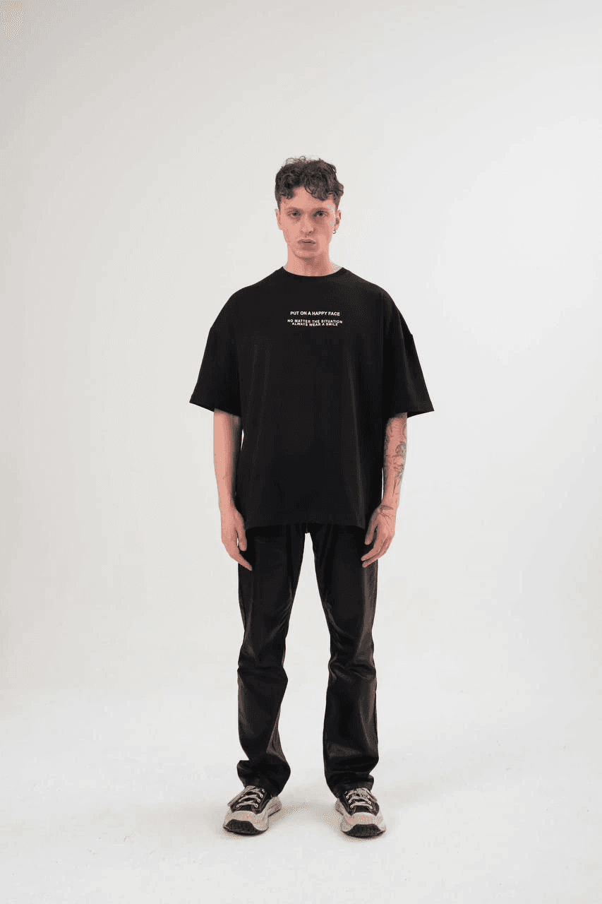 Erkek Kısa Kol Yazlık Tişört Bisiklet Yaka Baskılı Oversize T-Shirt - Siyah