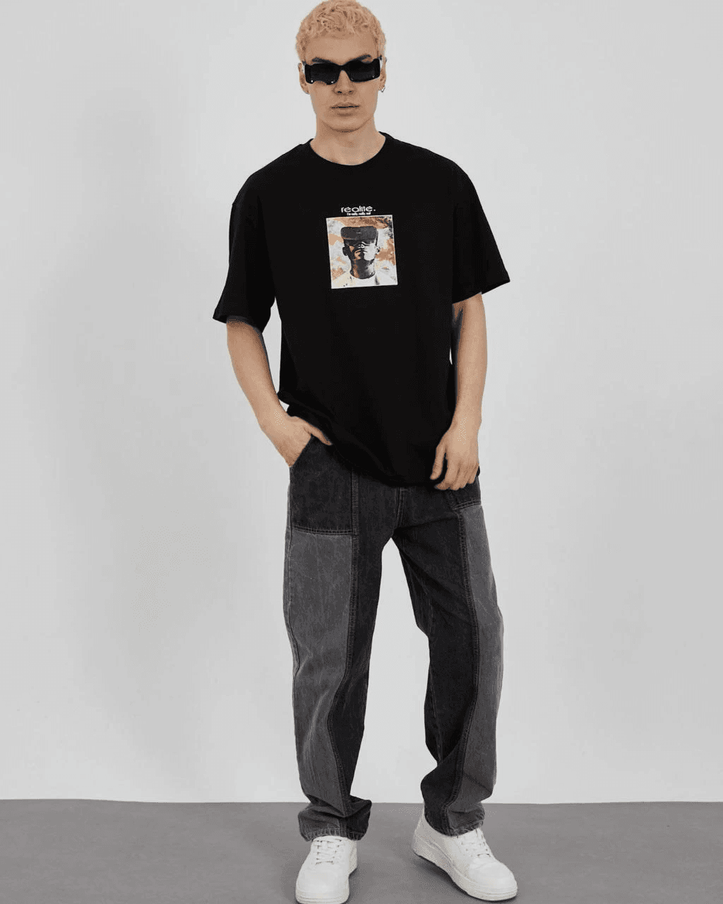 Erkek Kısa Kol Yazlık Tişört Bisiklet Yaka Baskılı Oversize T-Shirt - Siyah