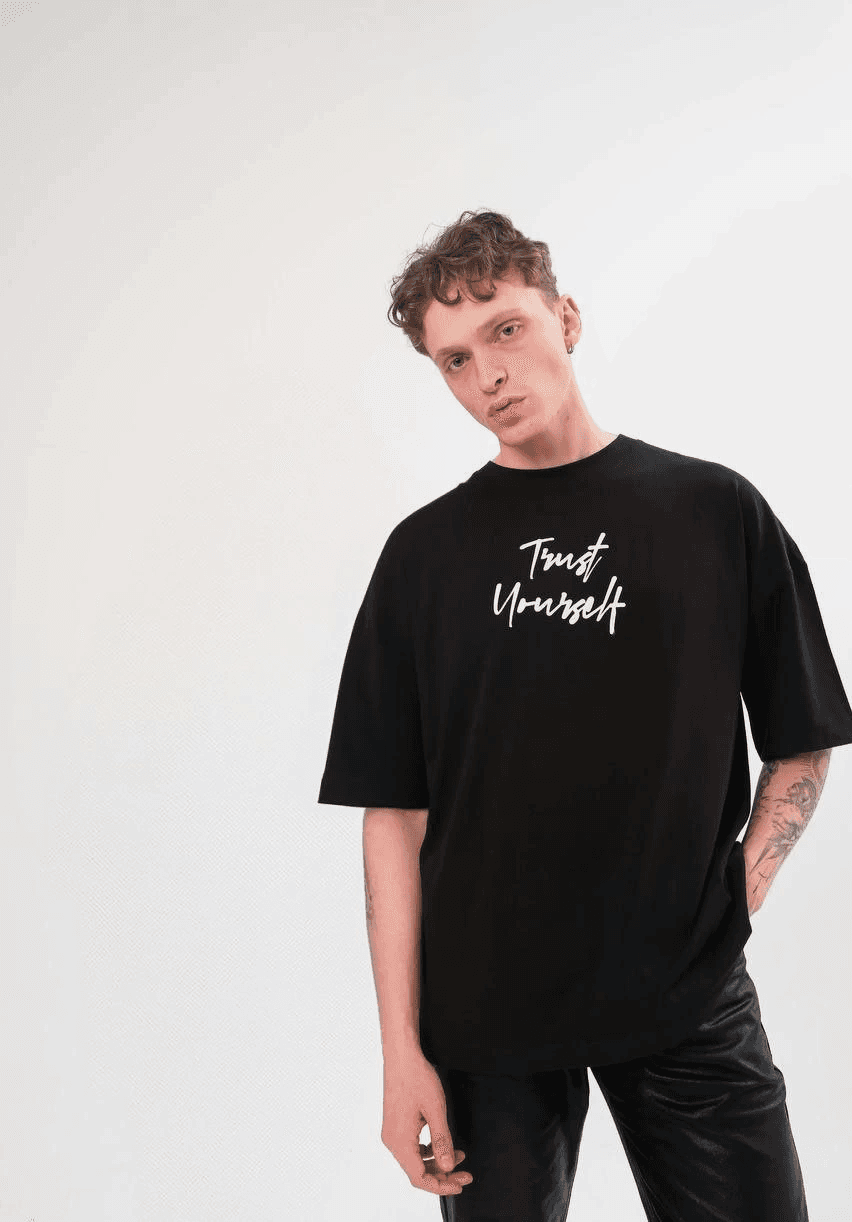 Erkek Kısa Kol Yazlık Tişört Bisiklet Yaka Baskılı Oversize T-Shirt - Siyah — görsel 1 / 3