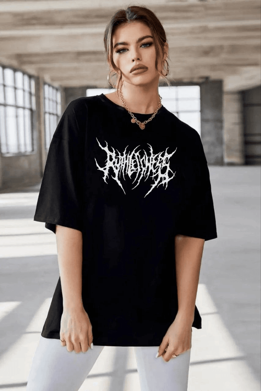 Kadın Baskılı T-Shirt Kısa Kol Bisiklet Yaka Oversize Rahat Kalıp Günlük Tişört - Siyah — görsel 1 / 2