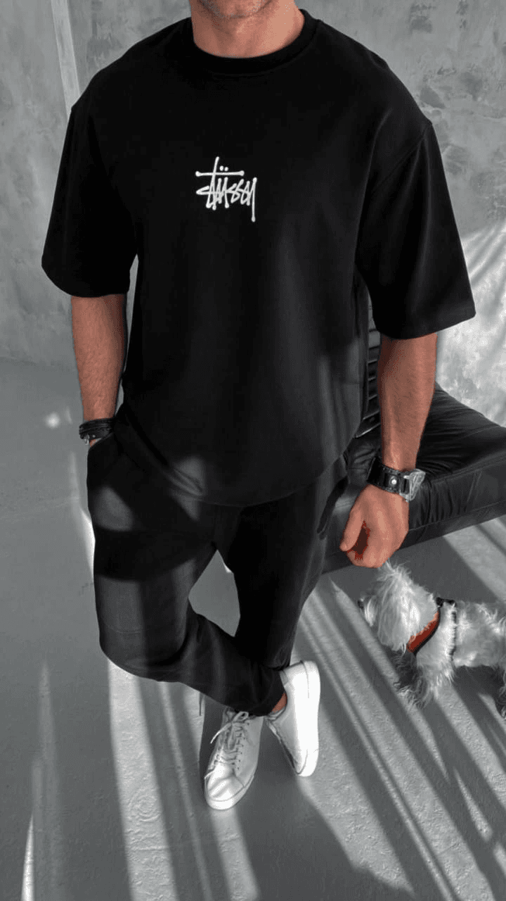 Erkek Kısa Kol Yazlık Tişört Bisiklet Yaka Baskılı Oversize T-Shirt - Siyah — görsel 1 / 4