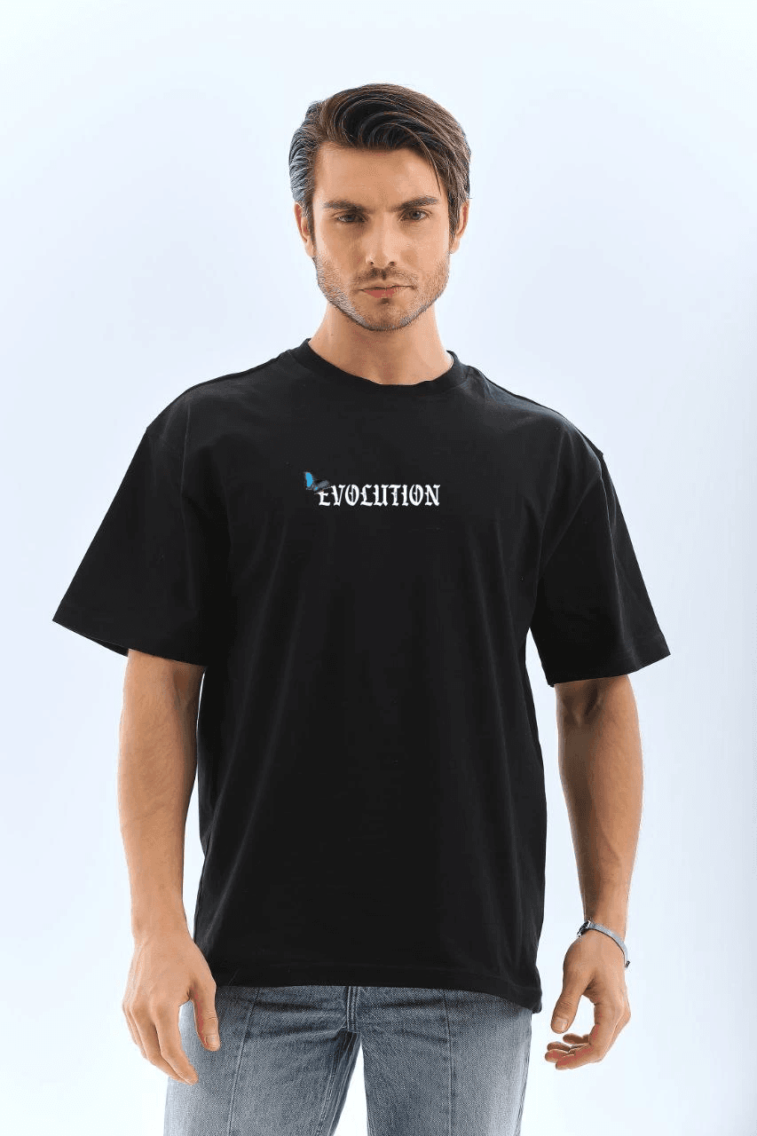 Erkek Kısa Kol Yazlık Tişört Bisiklet Yaka KELEBEK Baskılı T-Shirt - Siyah
