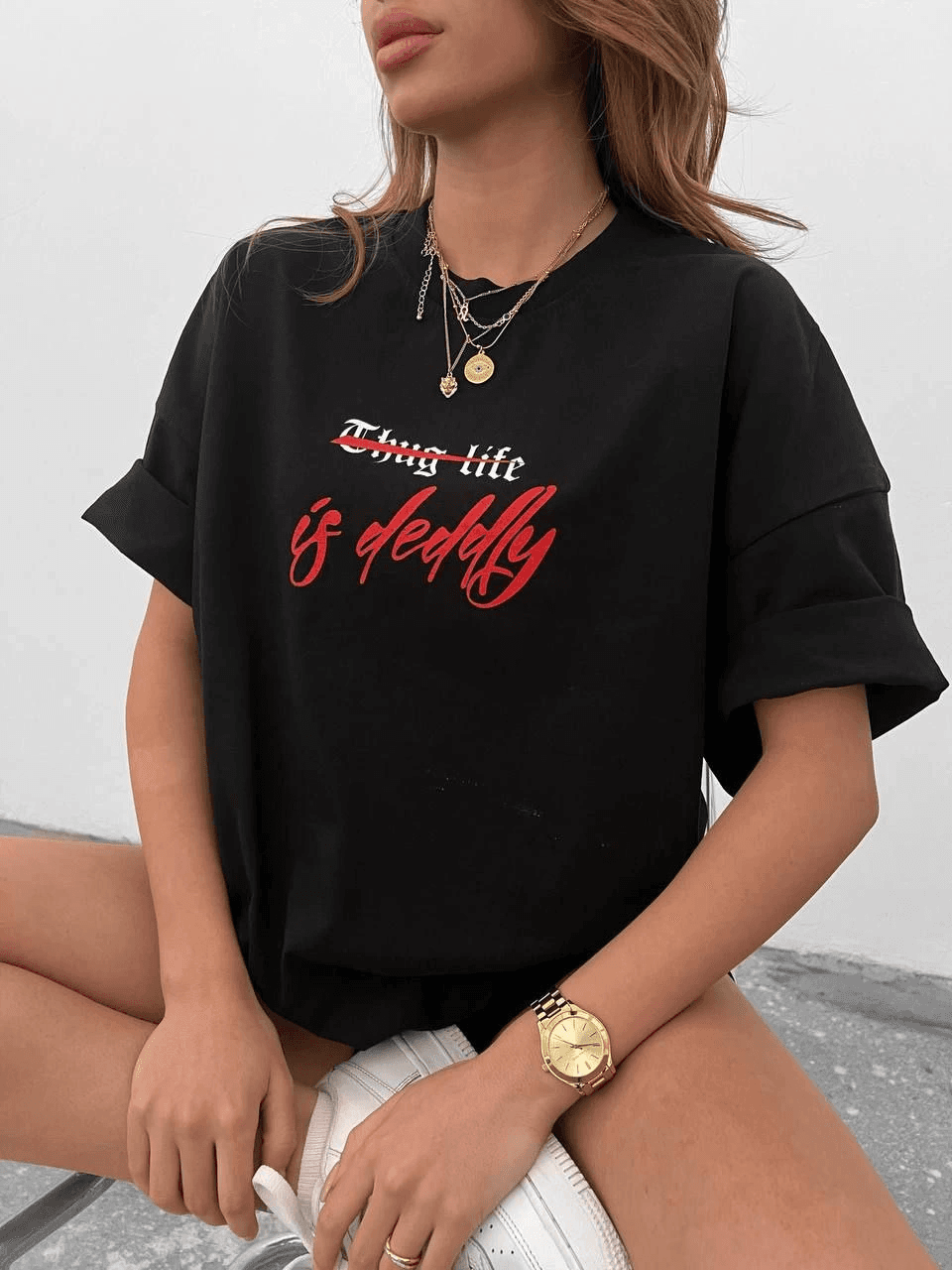 kadın Bisiklet Yaka Baskılı Oversize Kısa kol T-Shirt - Siyah