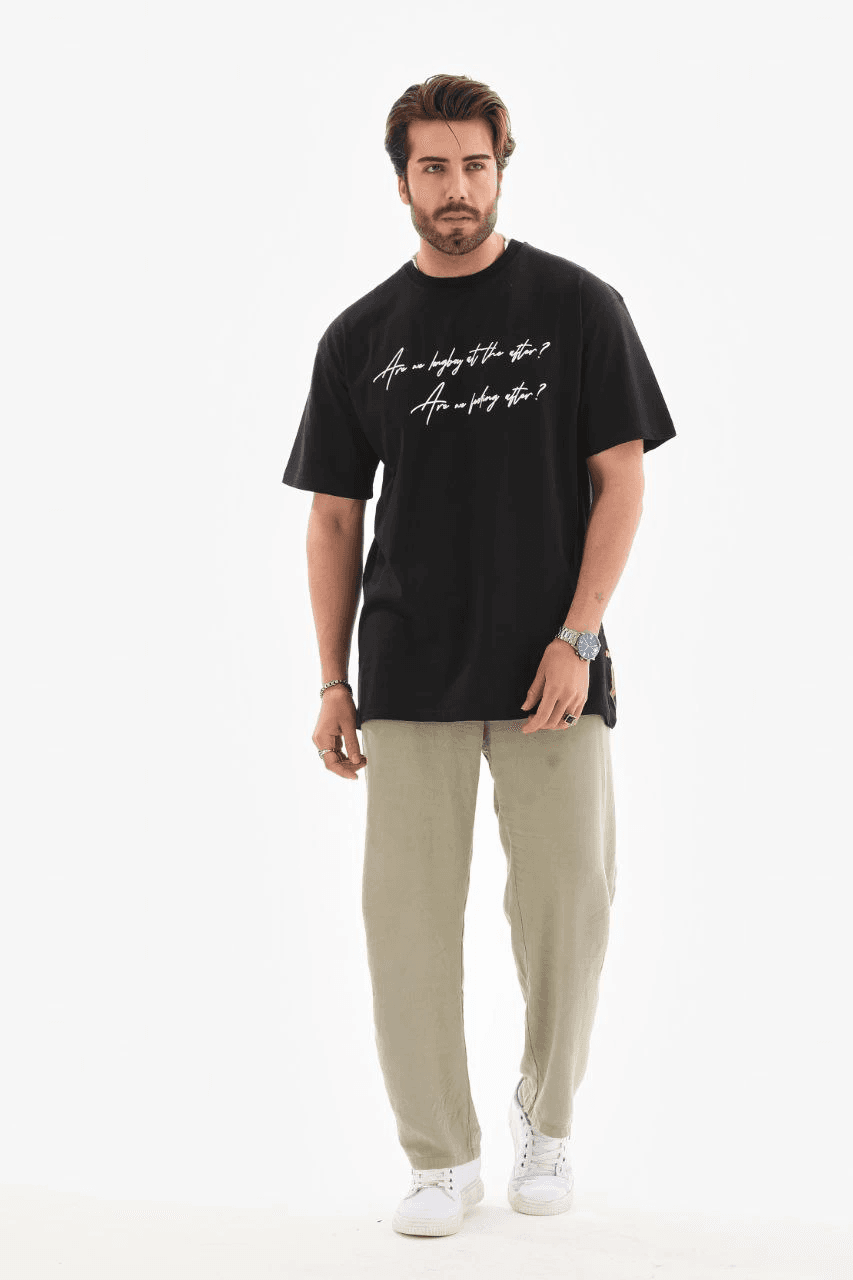Erkek Kısa Kol Yazlık Tişört Bisiklet Yaka Baskılı Oversize T-Shirt - Siyah — görsel 1 / 7