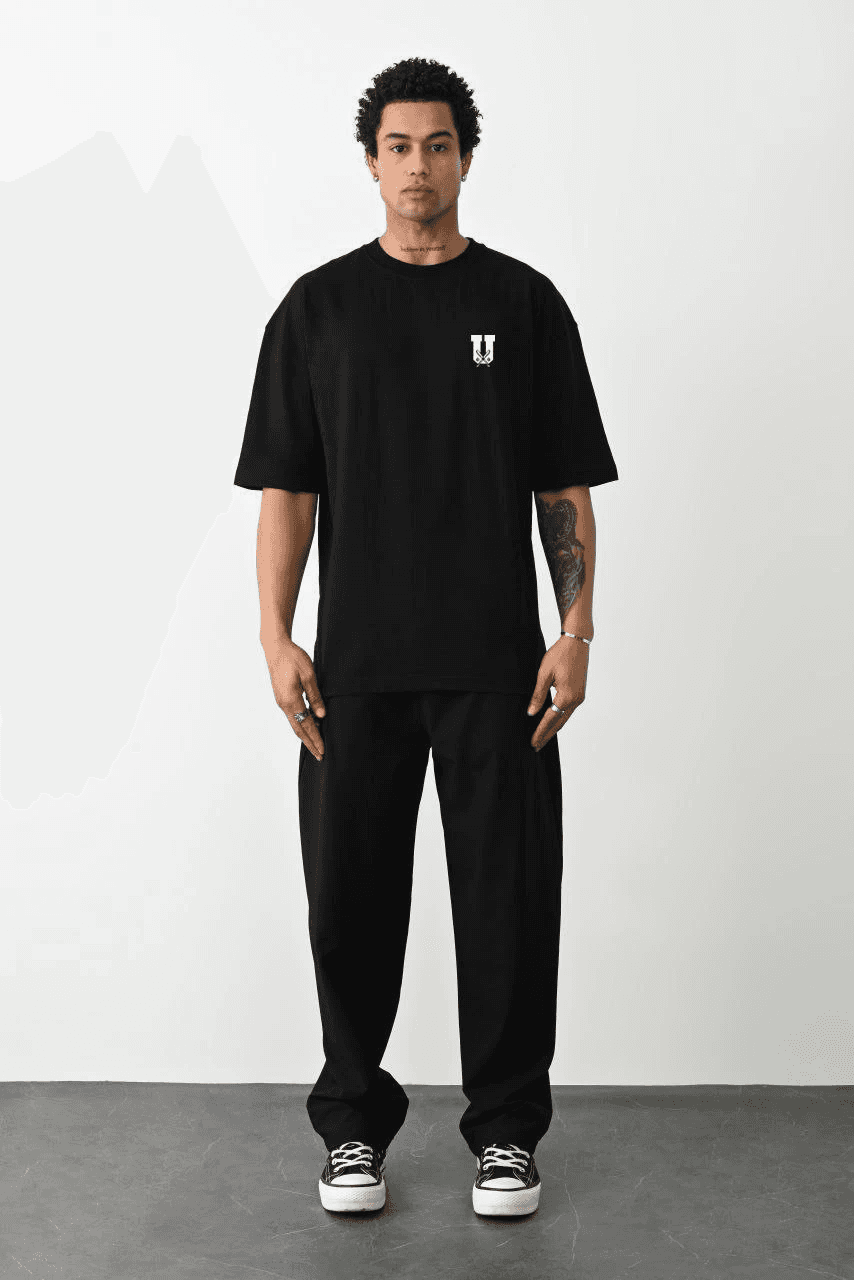 Erkek Kısa Kol Yazlık Tişört Bisiklet Yaka Baskılı Oversize T-Shirt - Siyah