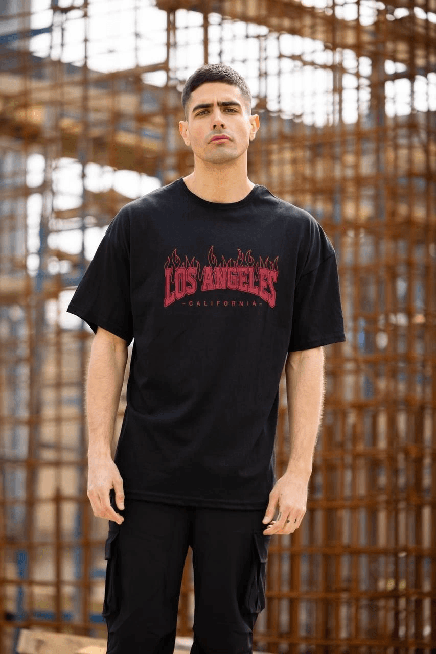 Erkek Kısa Kol Tişört Bisiklet Yaka LOS ANGELES Baskılı T-Shirt - Siyah