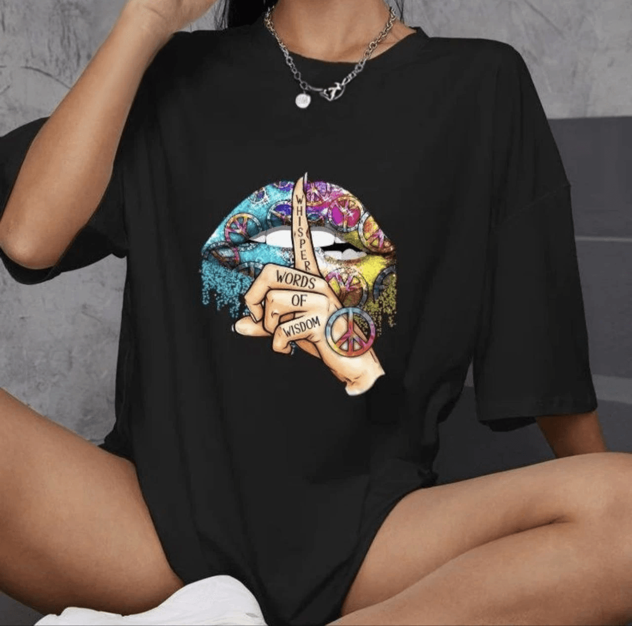 Kadın Baskılı T-Shirt Kısa Kol Bisiklet Yaka Oversize Rahat Kalıp Günlük Tişört - Siyah