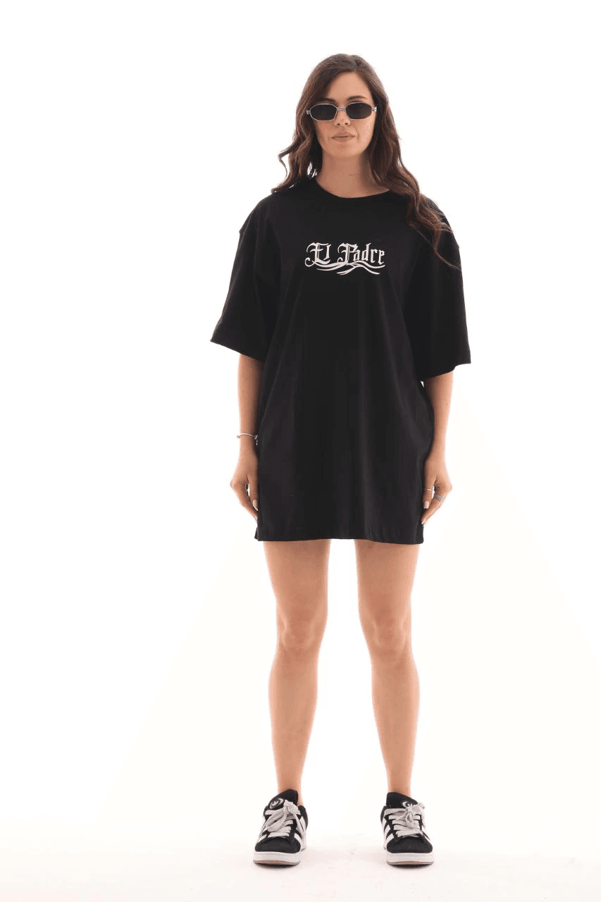 Kadın Kısa Kol Yazlık Tişört Bisiklet Yaka Baskılı Oversize T-Shirt - Siyah