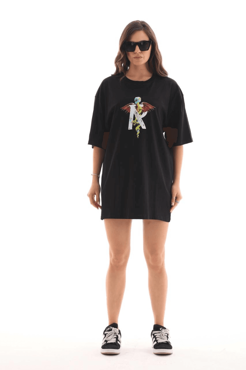 Kadın Baskılı T-Shirt Kısa Kol Bisiklet Yaka Regular Fit Rahat Kalıp Günlük Tişört -Siyah