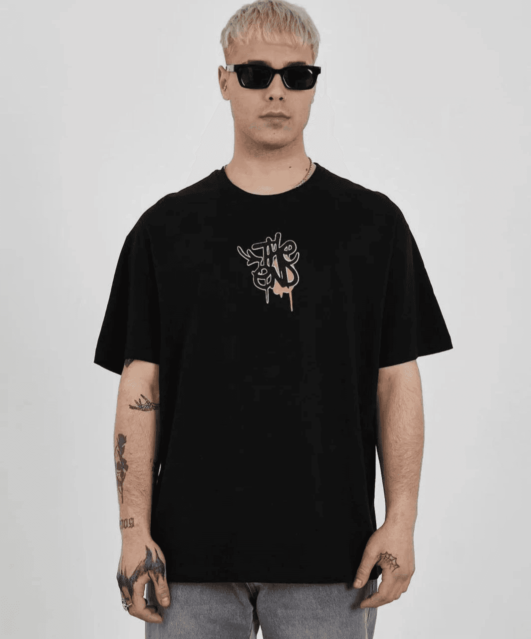 Erkek Kısa Kol Yazlık Tişört Bisiklet Yaka Baskılı Oversize T-Shirt - Siyah