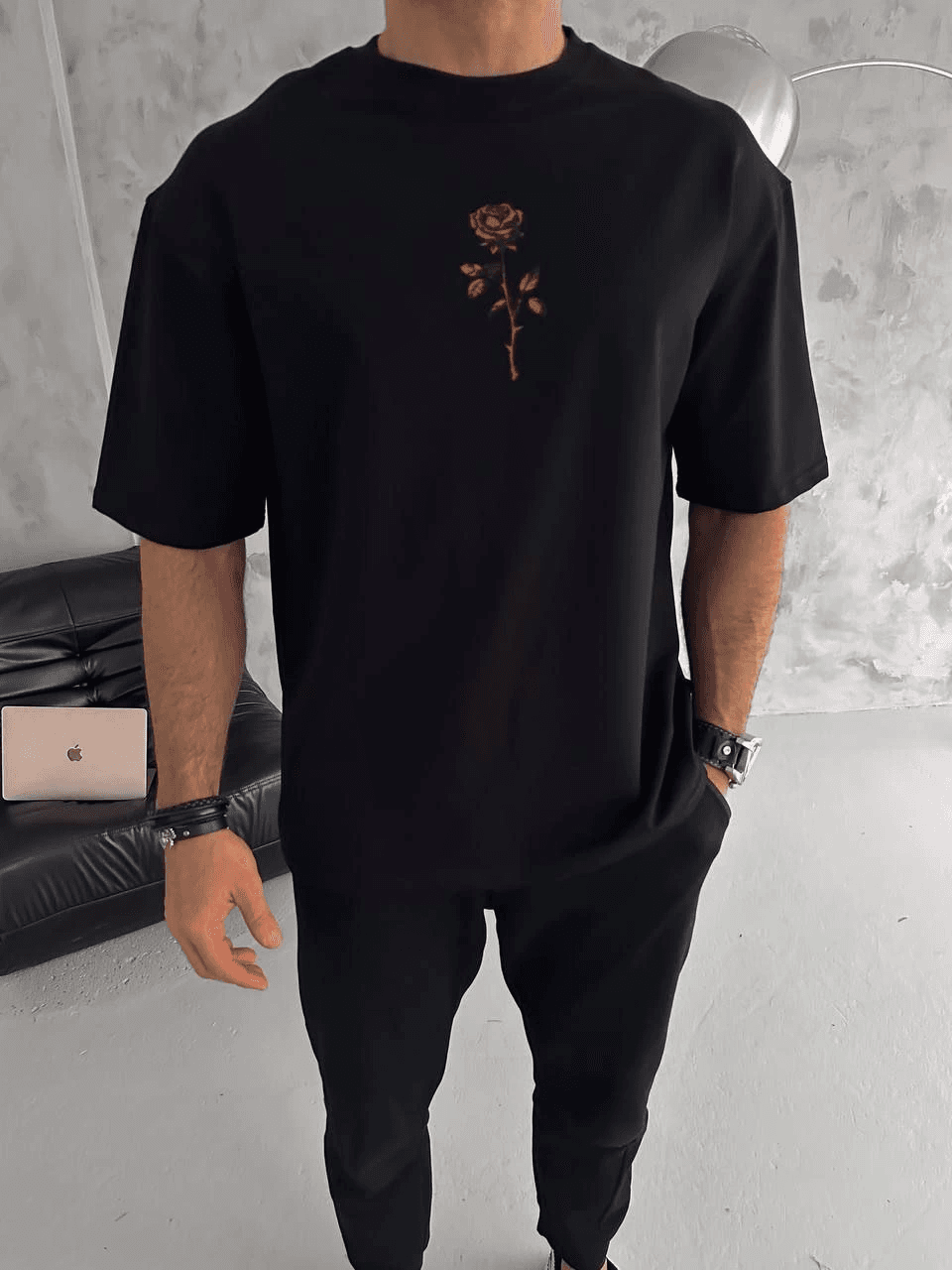Erkek Bisiklet Yaka Baskılı Oversize Kısa kol T-Shirt - Siyah — görsel 1 / 2