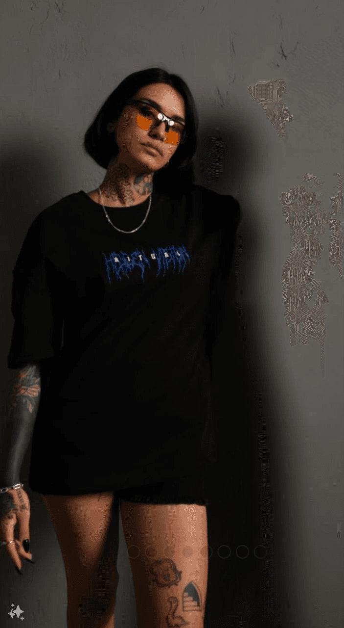 kadın Bisiklet Yaka Baskılı Oversize Kısa kol T-Shirt - Siyah