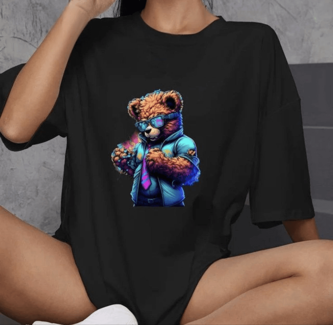 Kadın Baskılı T-Shirt Kısa Kol Bisiklet Yaka Oversize Rahat Kalıp Günlük Tişört - Siyah