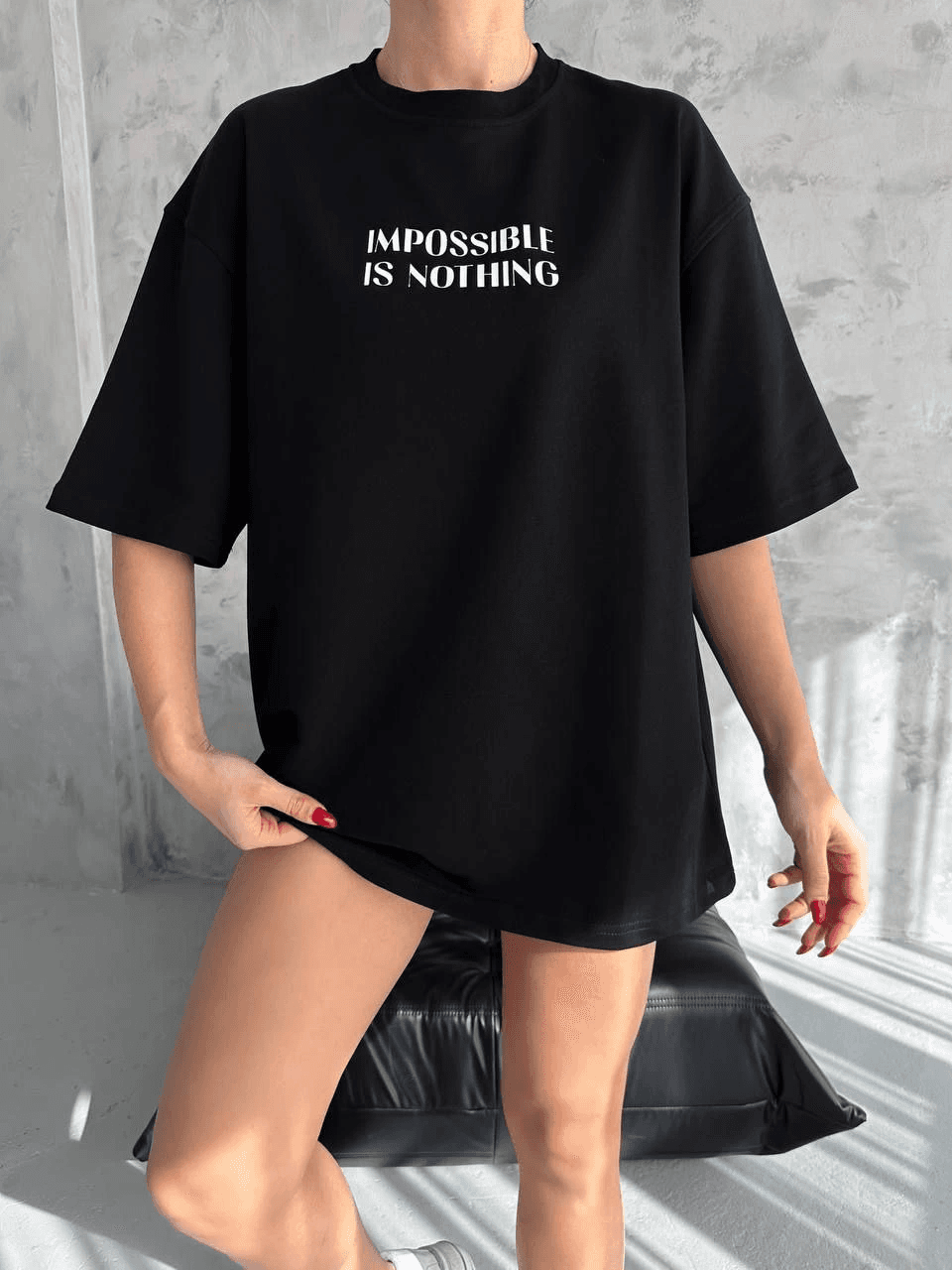 kadın Bisiklet Yaka Baskılı Oversize Kısa kol T-Shirt - Siyah
