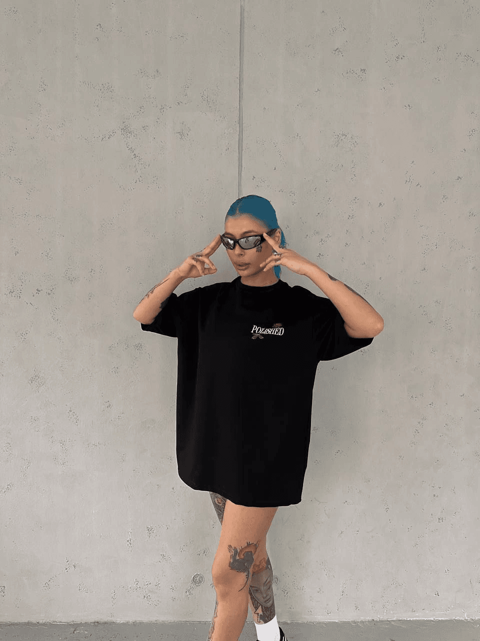 Kadın Bisiklet Yaka Baskılı kısa kol Oversize T-Shirt - Siyah — görsel 1 / 3