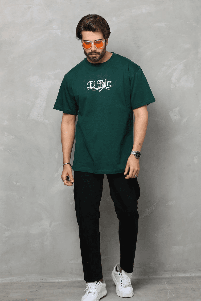 Erkek Kısa Kol Yazlık Tişört Bisiklet Yaka Baskılı Oversize T-Shirt - Yeşil — görsel 1 / 8