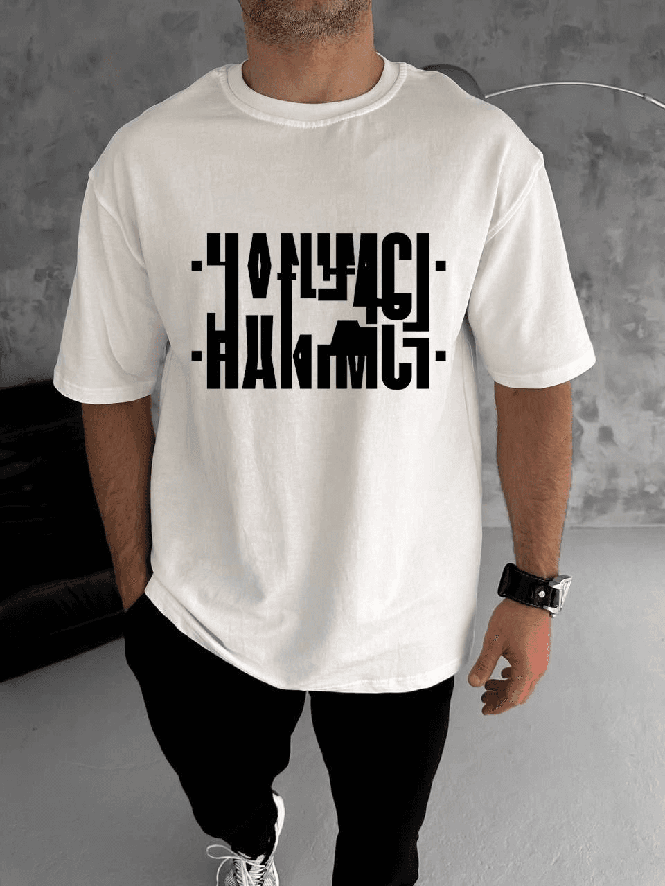 Erkek Tişört Kısa Kol Bisiklet Yaka Katlanan HANIMCI Baskılı T-Shirt - Beyaz — görsel 1 / 2