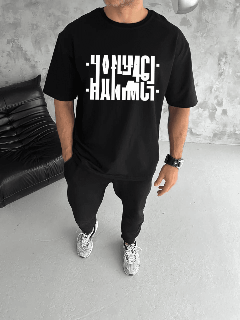 Erkek Tişört Kısa Kol Bisiklet Yaka Katlanan HANIMCI Baskılı T-Shirt - Siyah — görsel 1 / 2