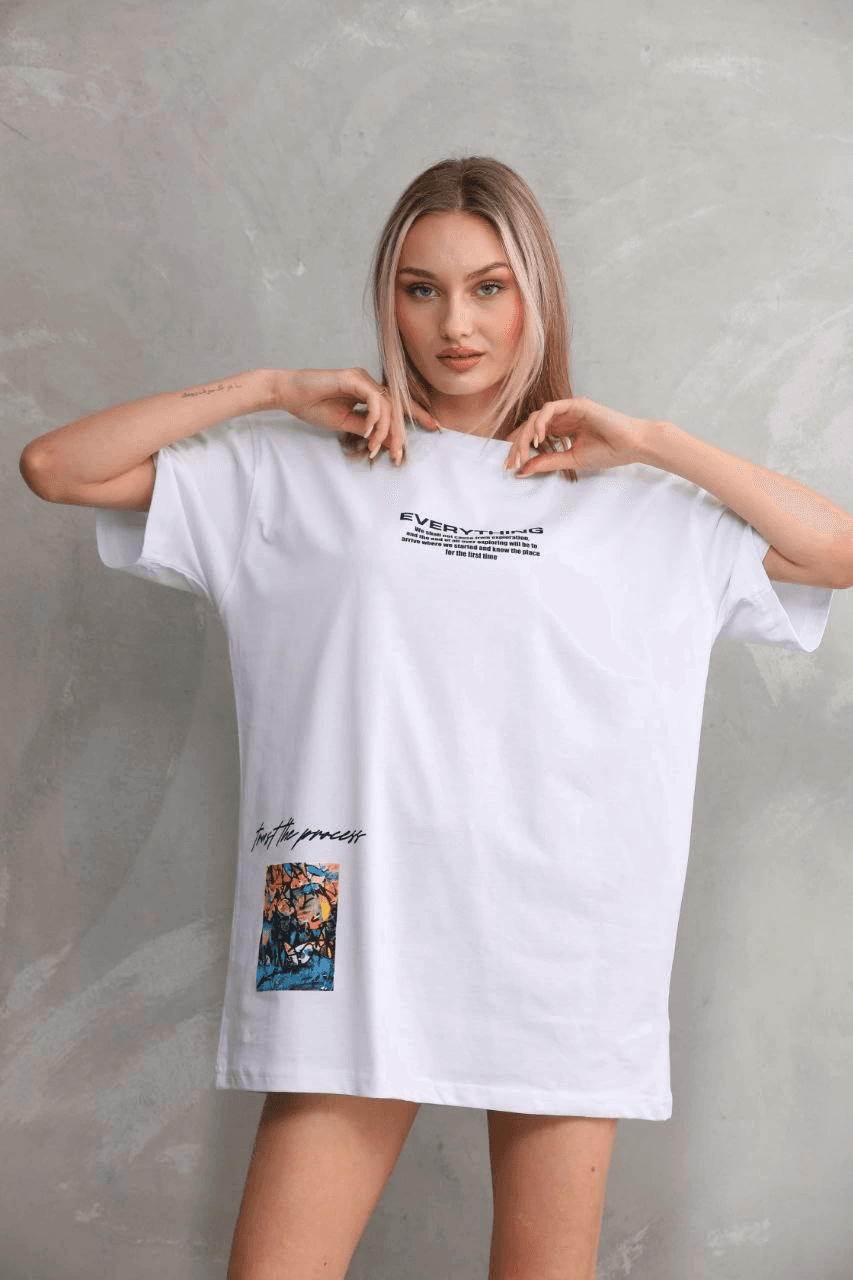 kadın Bisiklet Yaka Baskılı Oversize T-Shirt - Beyaz