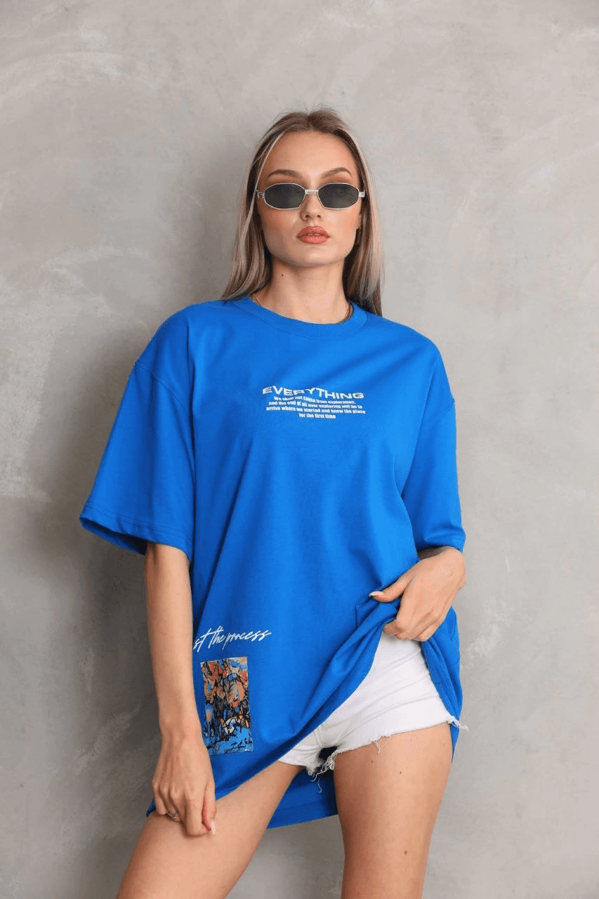 kadın Bisiklet Yaka Baskılı Oversize T-Shirt - Mavi