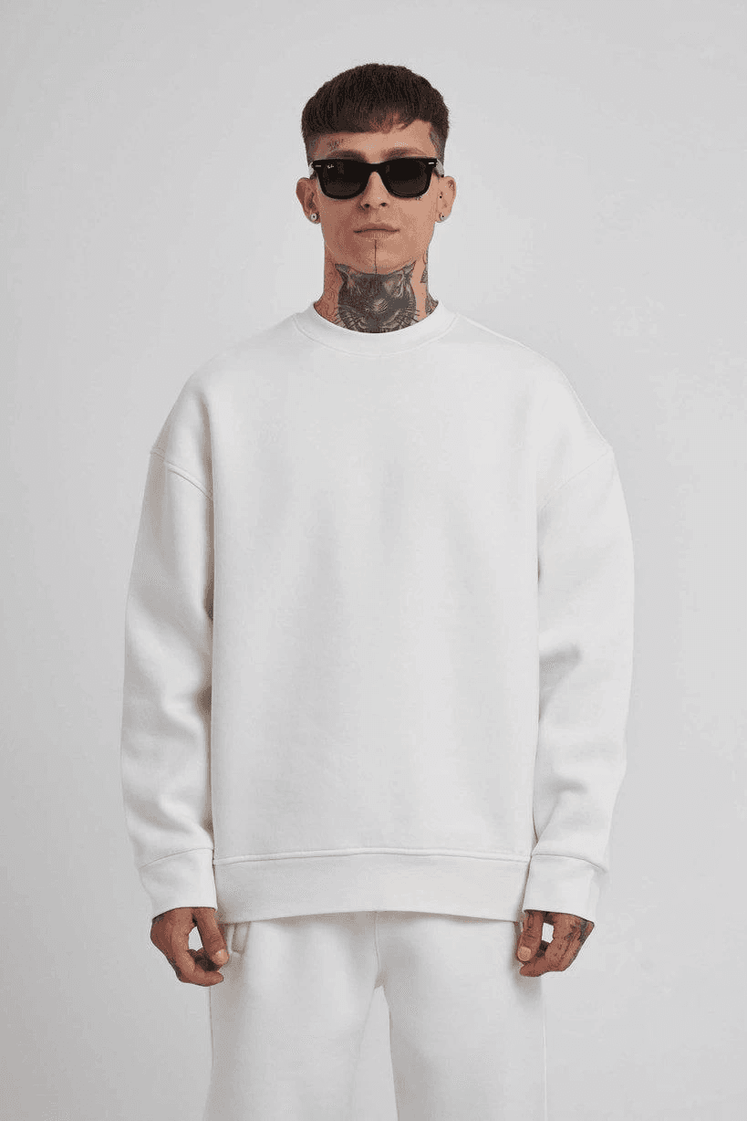 ERKEK Bisikilet Yaka 3 plik Pamuklu SweatShirt - Beyaz — görsel 1 / 3