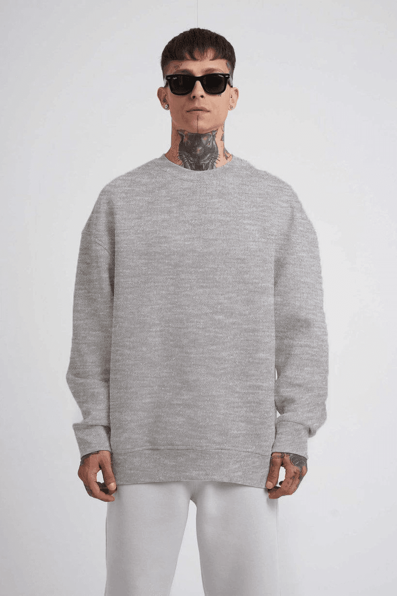 ERKEK Bisikilet Yaka 3 İplik Pamuklu SweatShirt - Gri