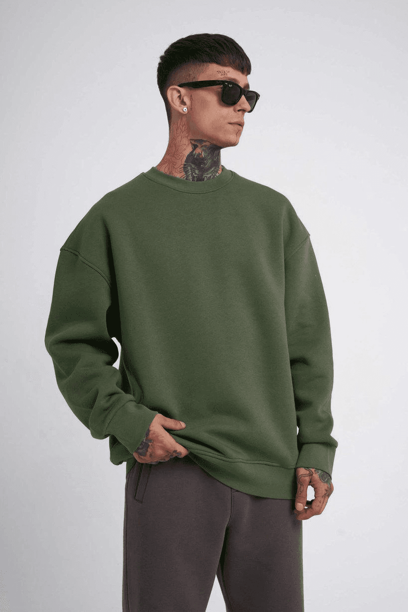 ERKEK Bisikilet Yaka 3 İplik Pamuklu SweatShirt - Haki — görsel 1 / 3