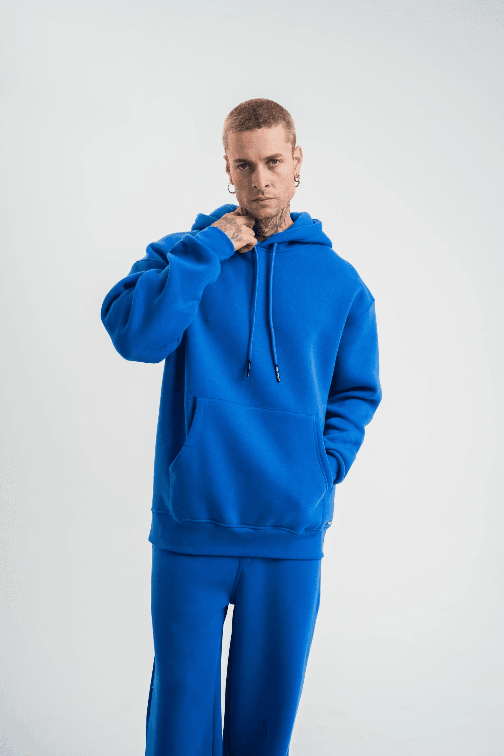 ERKEK 3 İplik Oversize Kapşonlu Basic SweatShirt Hoodie - Mavi — görsel 1 / 8