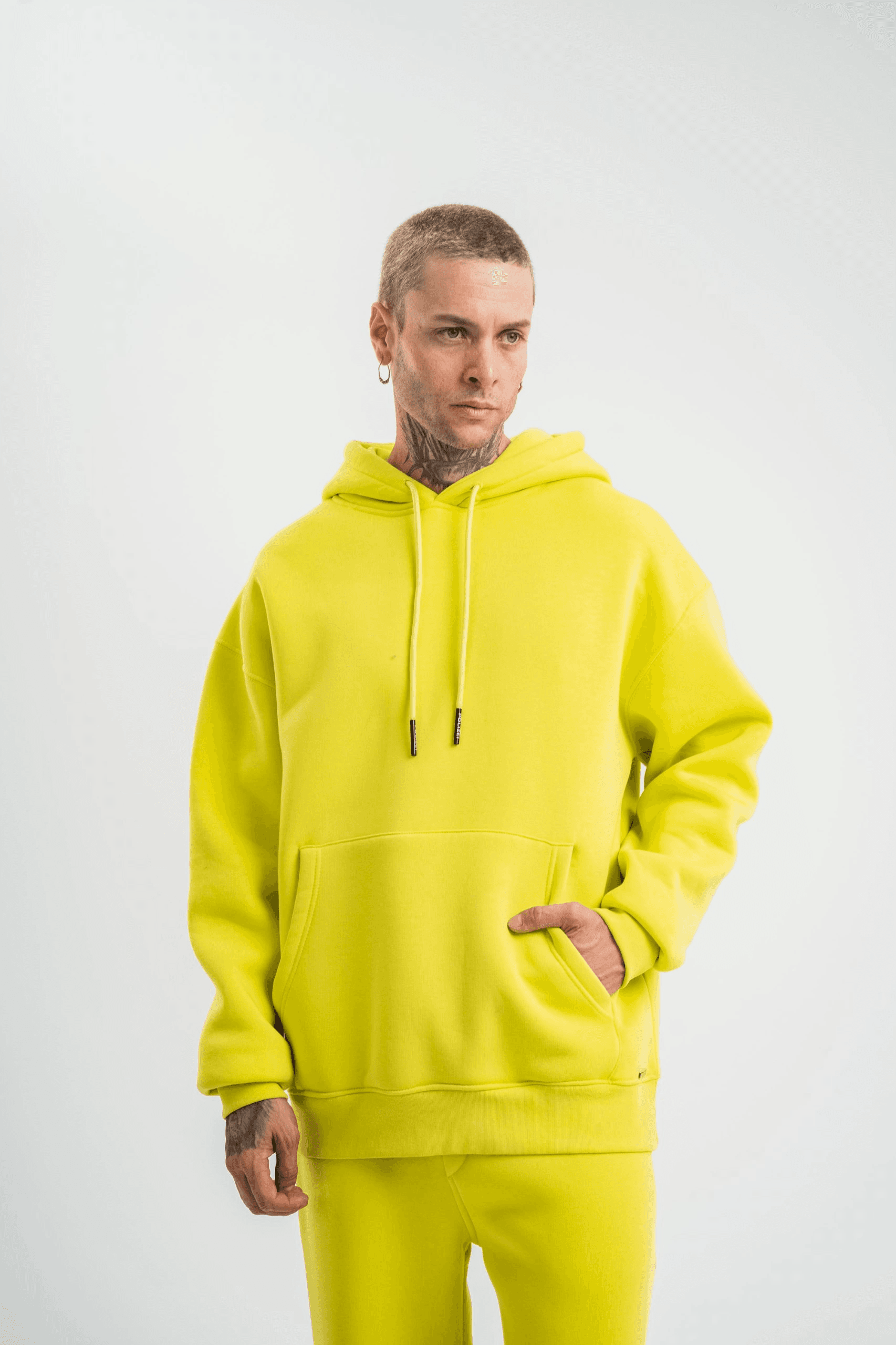 ERKEK 3 İplik Pamuklu Oversize Kapşonlu SweatShirt Hoodie - Sarı — görsel 1 / 8