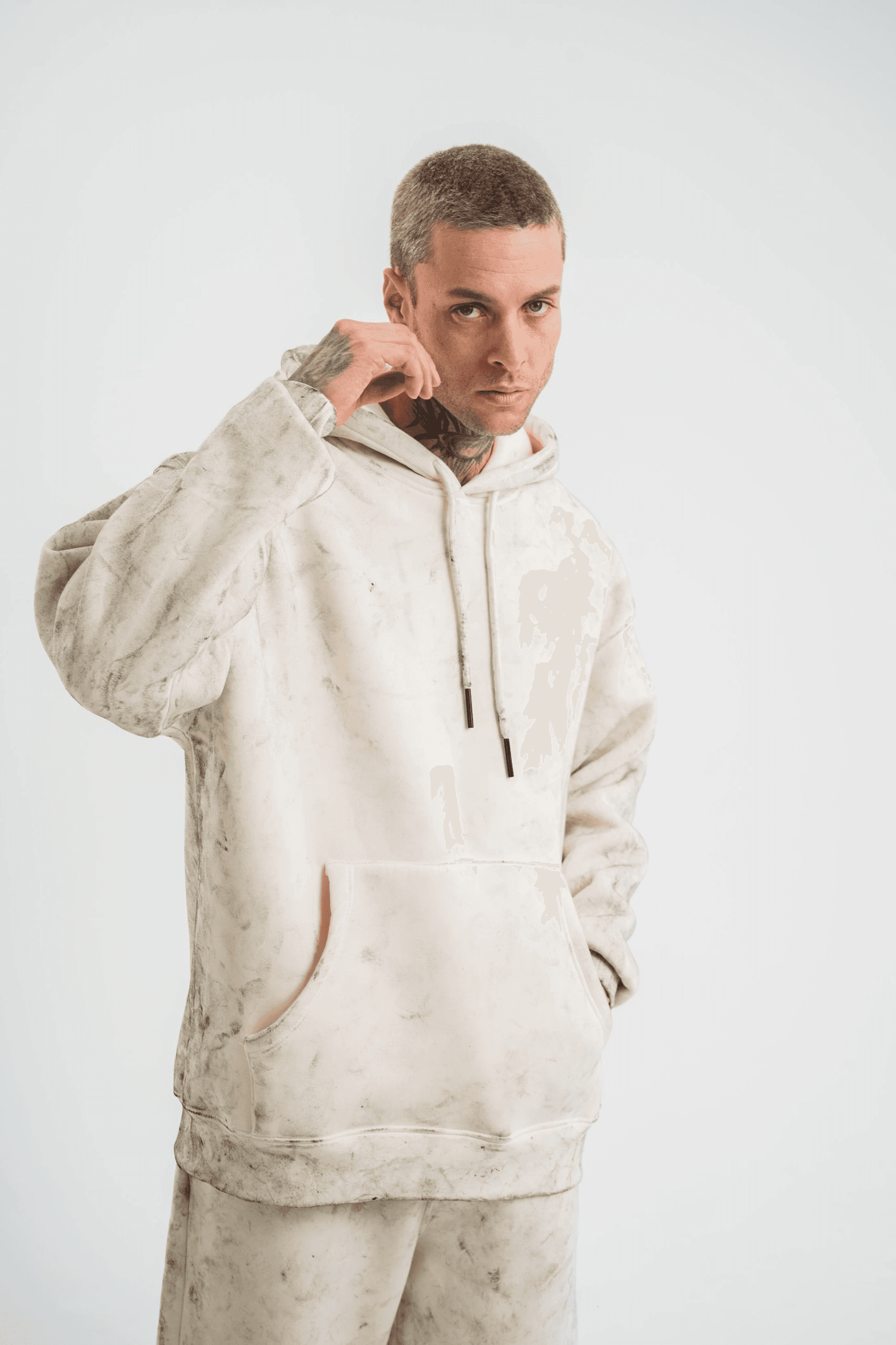ERKEK 3 iplik Pamuklu Oversize Kapşonlu Yıkamalı SweatShirt Hoodie - Krem — görsel 1 / 8