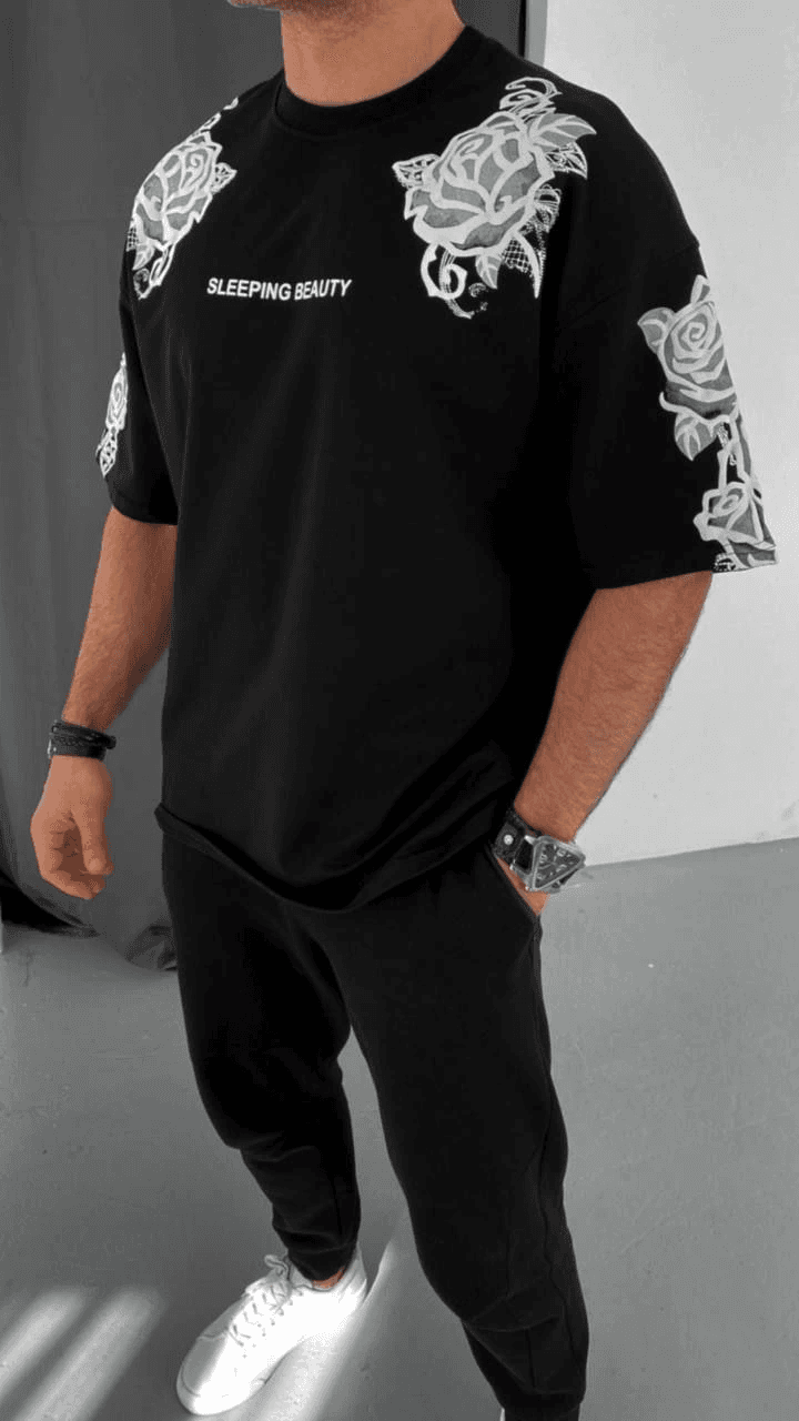 Erkek Kısa Kol Yazlık Tişört Bisiklet Yaka Baskılı Oversize T-Shirt - Siyah