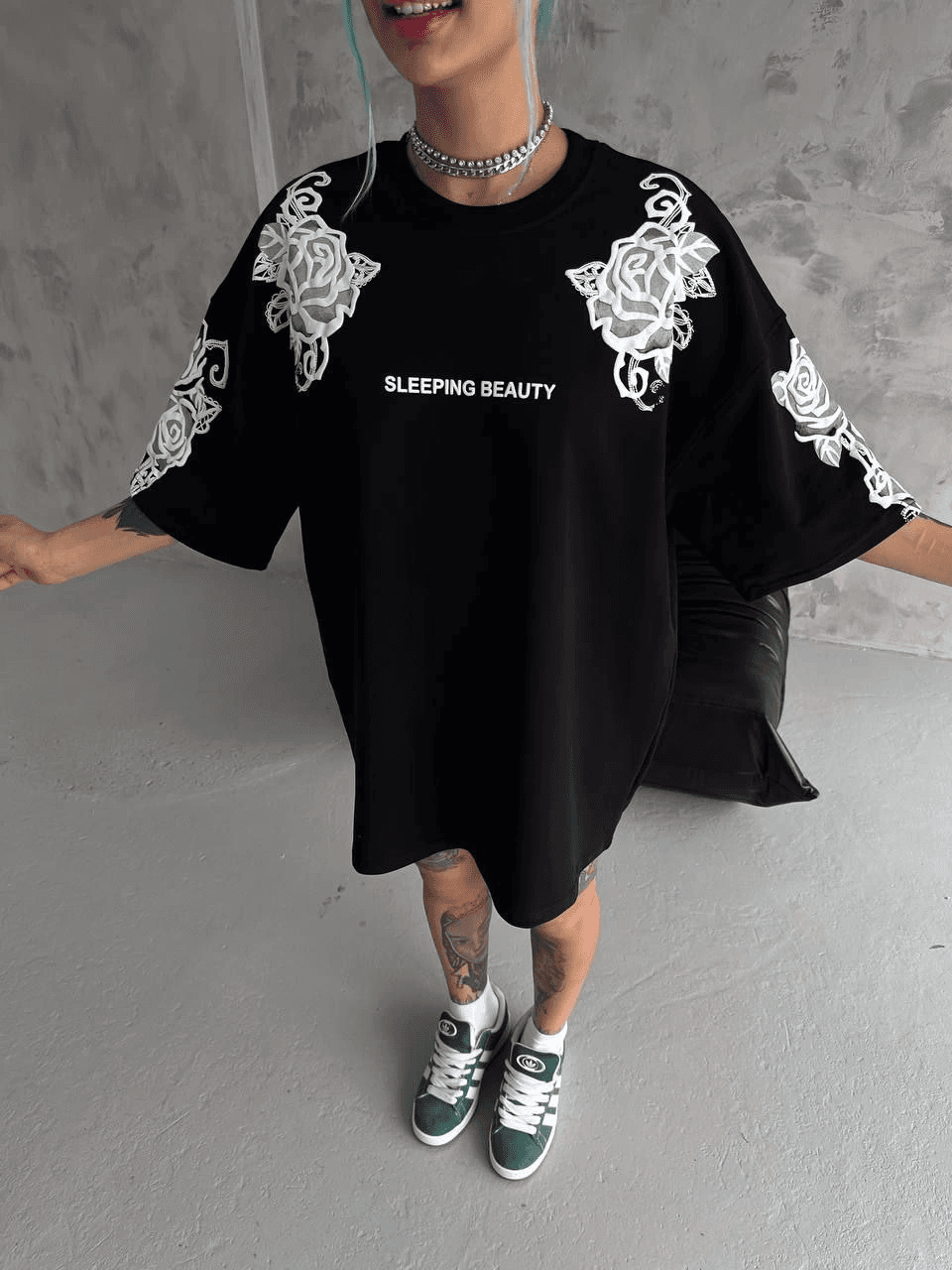 Kadın Kısa Kol Yazlık Tişört Bisiklet Yaka Baskılı Oversize T-Shirt - Siyah