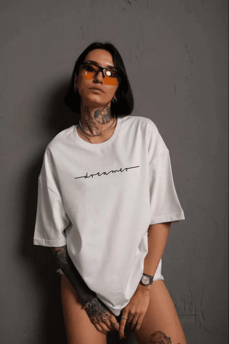 Kadın Bisiklet Yaka Baskılı Kısa kol T-Shirt - Beyaz
