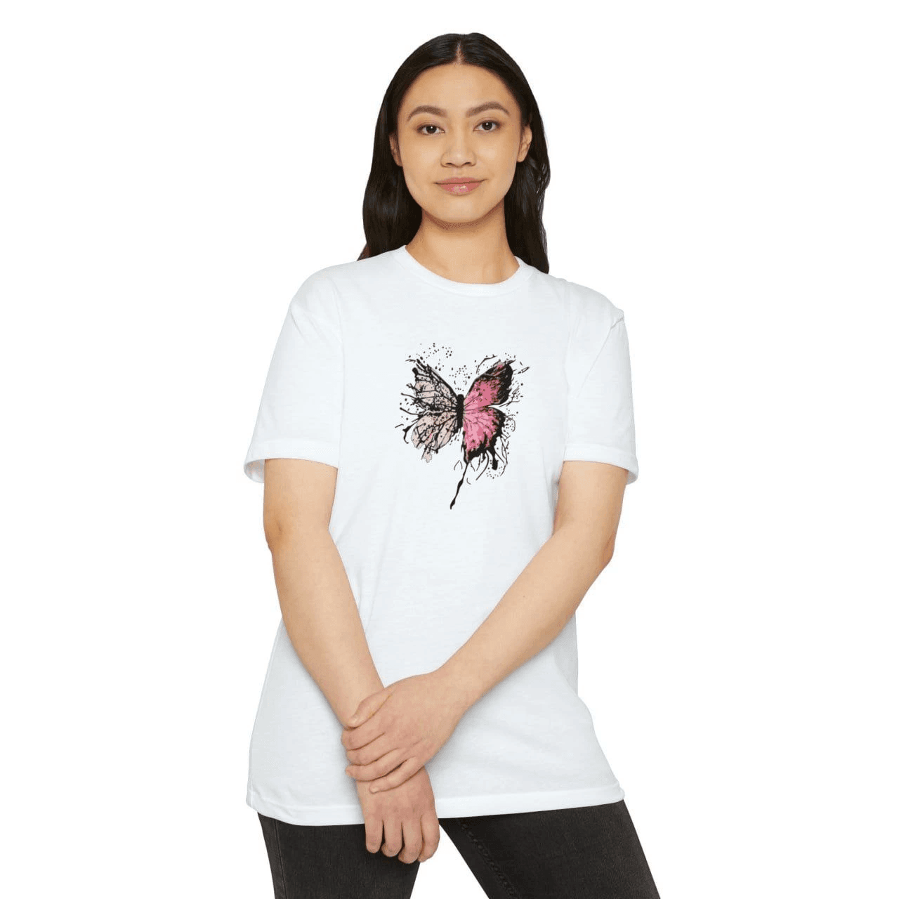 Kadın Bisiklet Yaka kelebek Baskılı Kısa kol T-Shirt - Beyaz