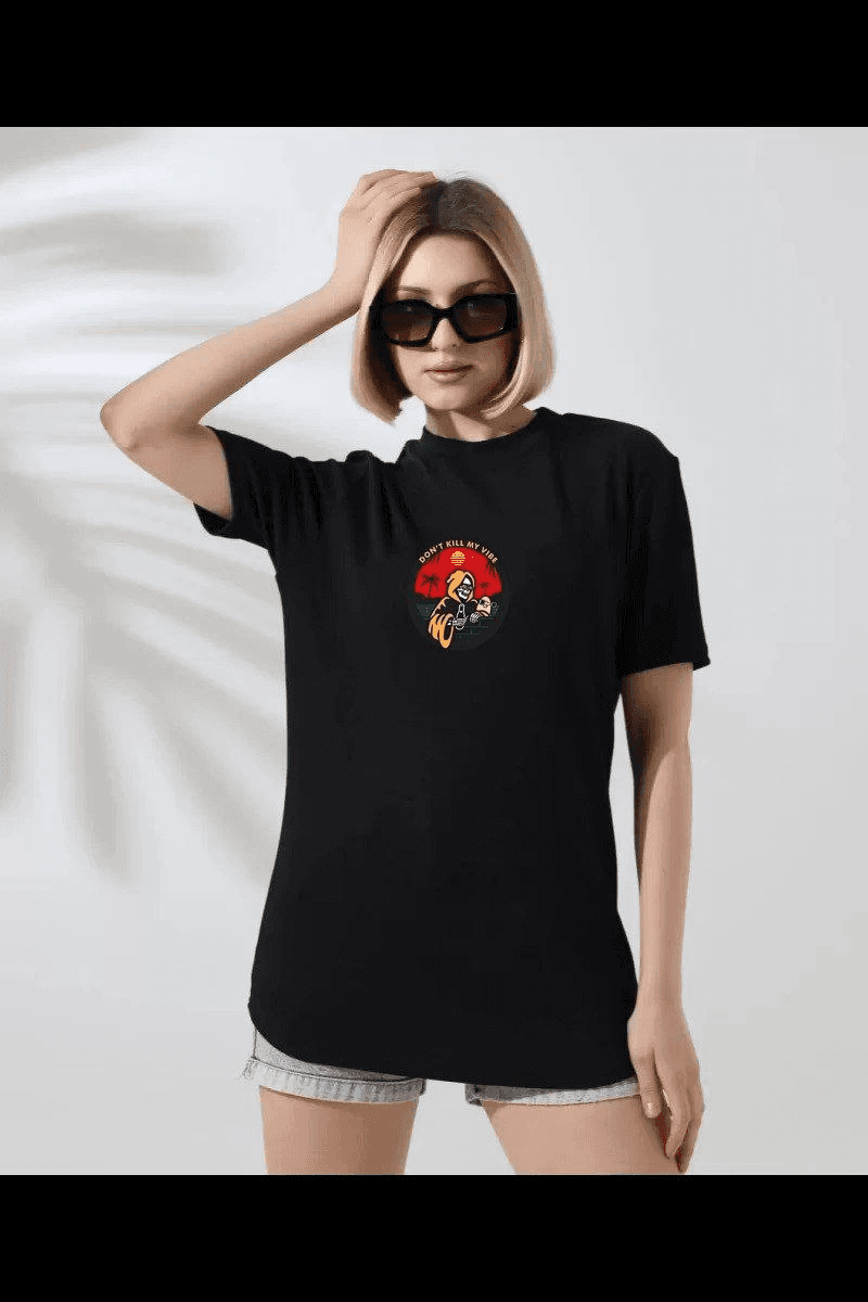 Kadın Bisiklet Yaka Baskılı kısa kol T-Shirt - Siyah