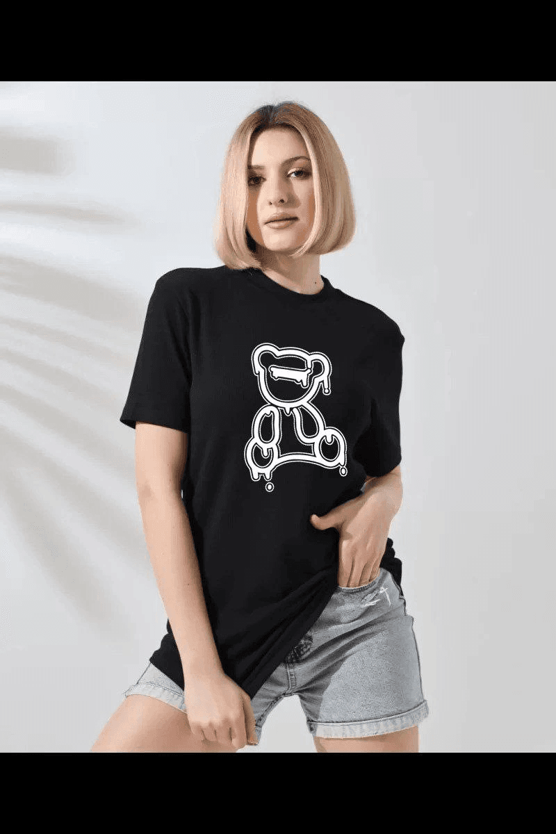 Kadın Bisiklet Yaka Baskılı Kısa kol T-Shirt - Siyah