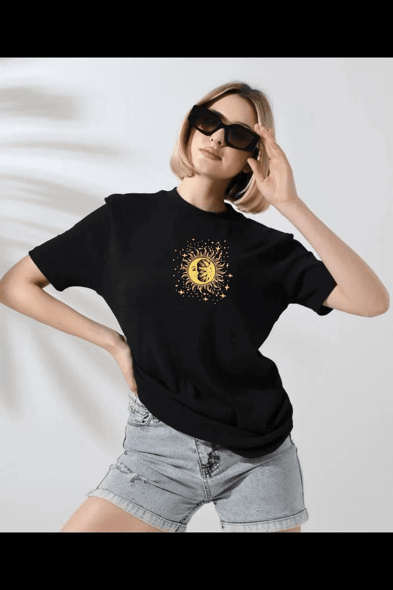 Kadın Bisiklet Yaka Baskılı Kısa kol T-Shirt - Siyah