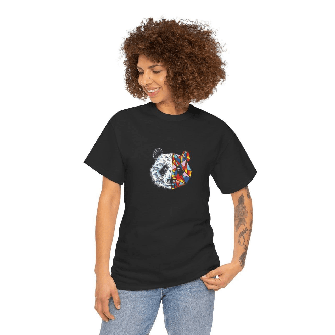 Kadın Bisiklet Yaka Baskılı Kısa kol T-Shirt - Siyah