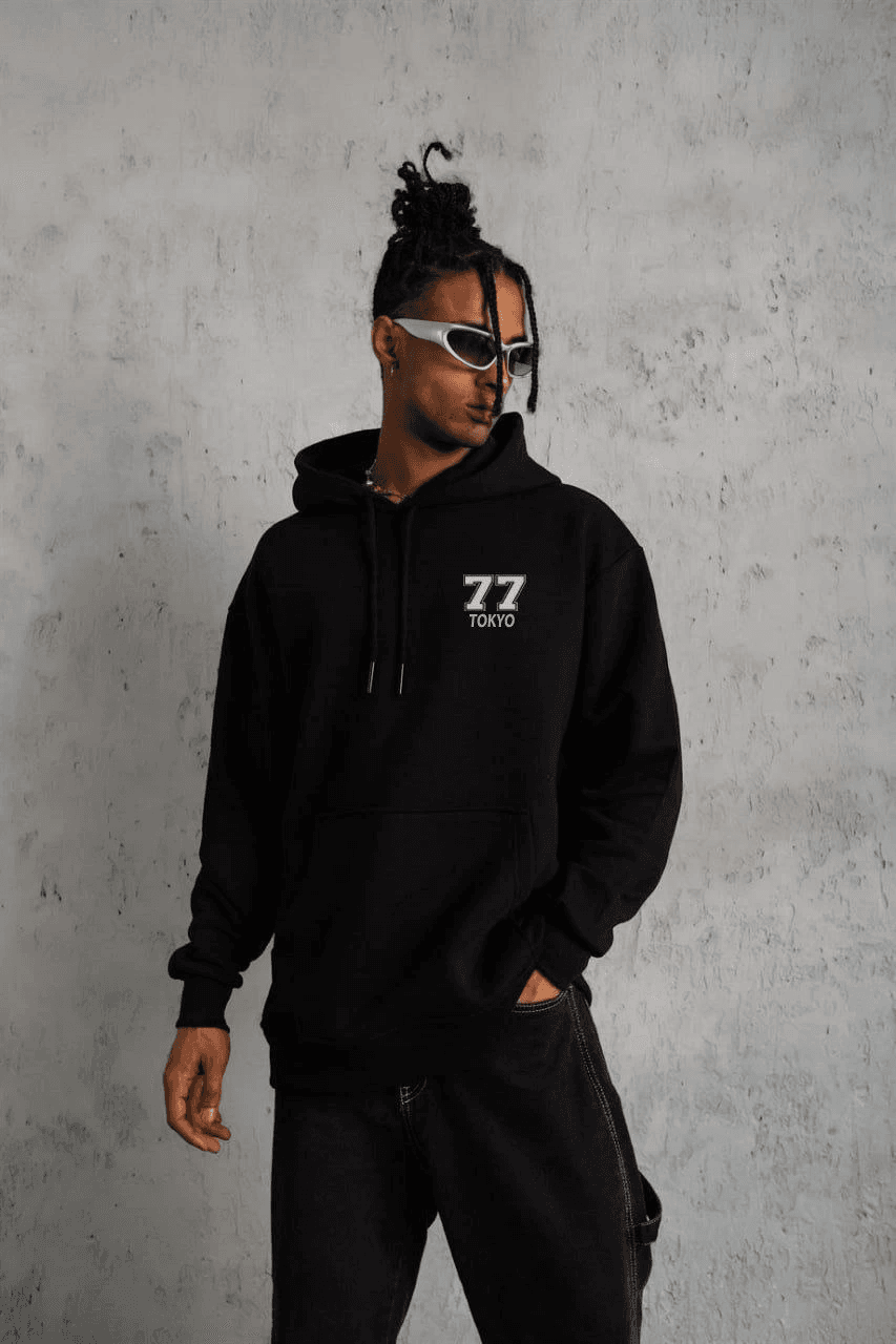 Erkek 3 İplik Pamuklu Kapüşonlu Baskılı Cepli Oversize Sweatshirt Hoodie - Siyah