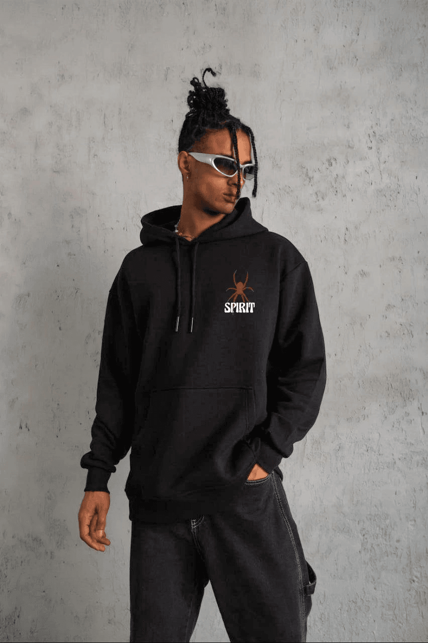 Erkek 3 İplik Pamuklu Kapüşonlu Baskılı Cepli Oversize Sweatshirt Hoodie - Siyah