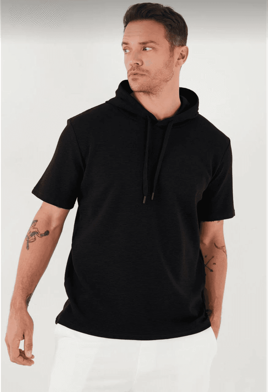 Erkek Kapüşonlu Tişört Kısa Kol Düz Oversize T-shirt - Siyah — görsel 1 / 6