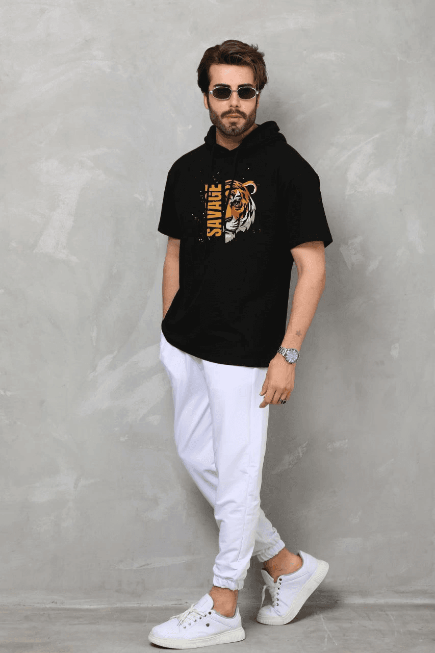 Erkek Kapüşonlu Kısa Kol Oversize Baskılı T-Shirt - Siyah — görsel 1 / 2
