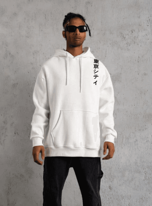 Erkek 3 İplik Pamuklu Kapüşonlu Baskılı Cepli Oversize Sweatshirt Hoodie - Beyaz
