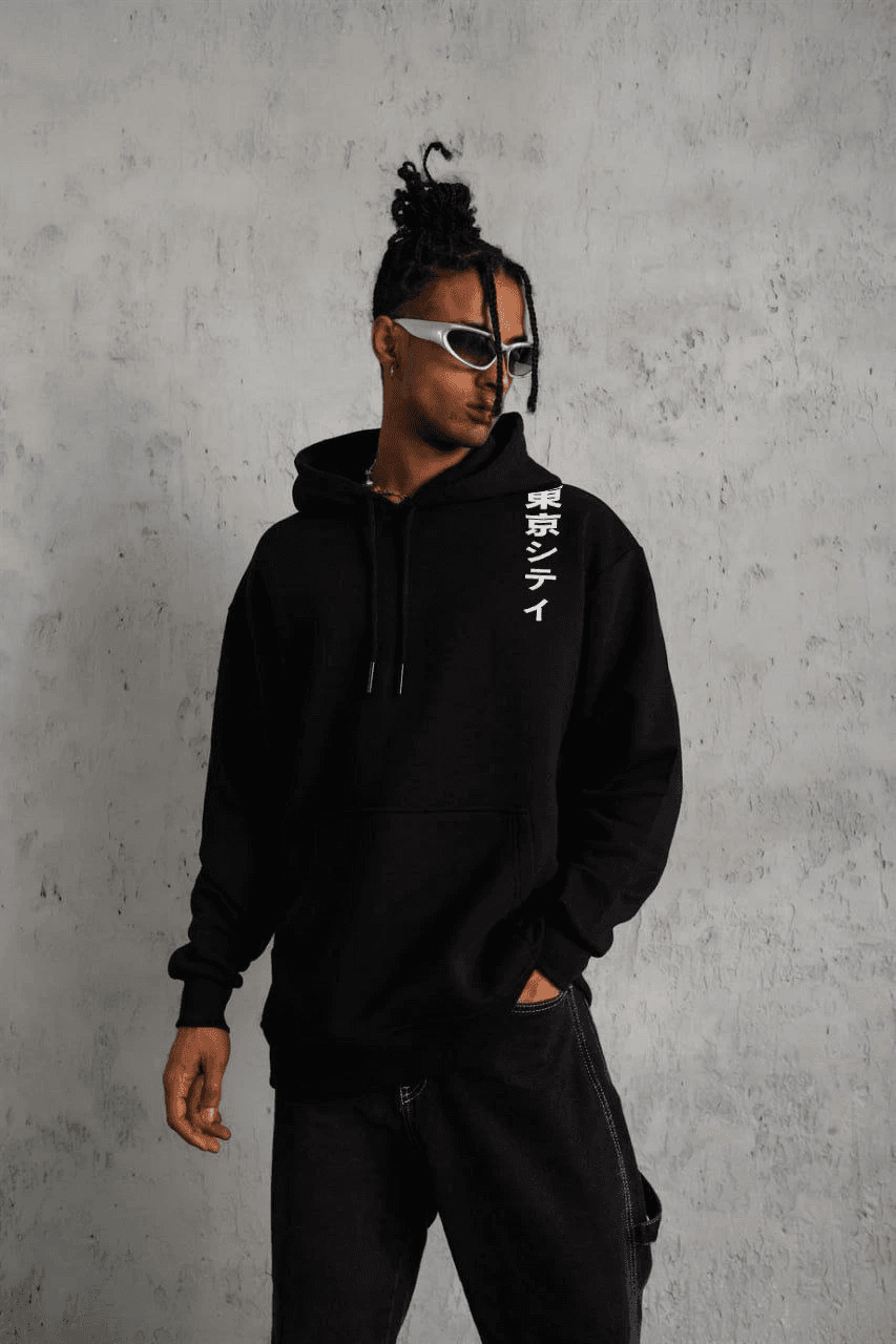 Erkek 3 İplik Pamuklu Kapüşonlu Baskılı Cepli Oversize Sweatshirt Hoodie - Siyah