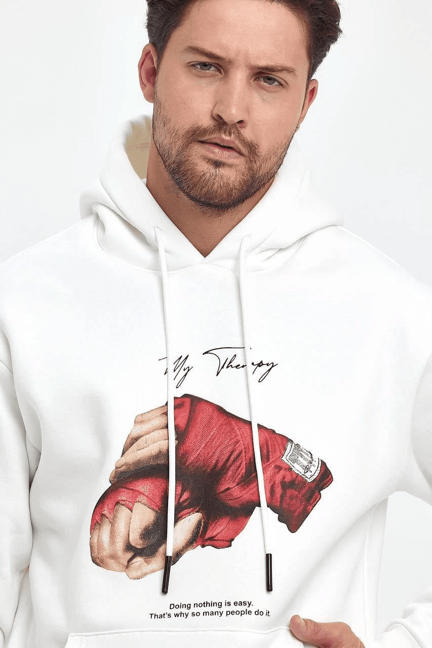 Erkek 3 İplik Pamuklu Kapüşonlu Cepli Box Eldiven Baskılı Hoodie Sweatshirt - Beyaz — görsel 1 / 2
