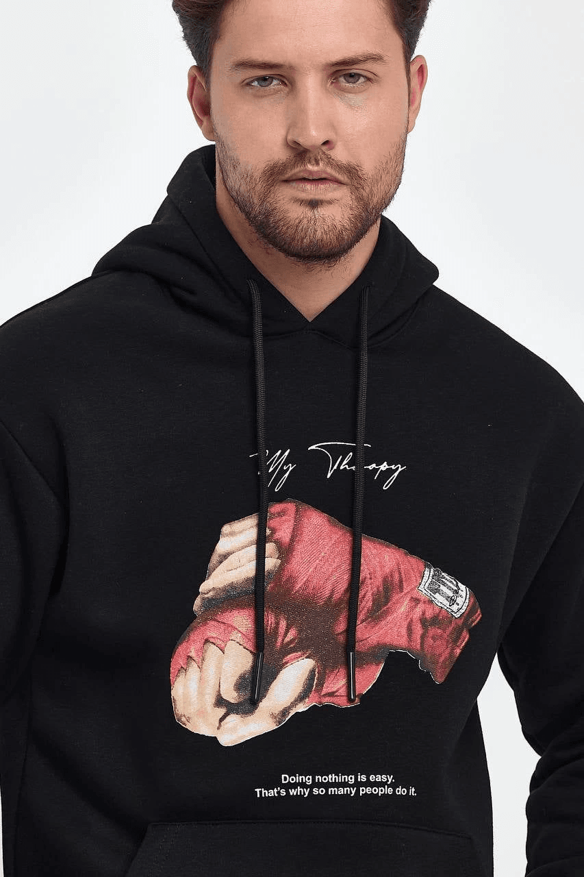 Erkek 3 İplik Pamuklu Kapüşonlu Cepli Boxy Eldiven Baskılı Hoodie Sweatshirt - Siyah — görsel 1 / 2