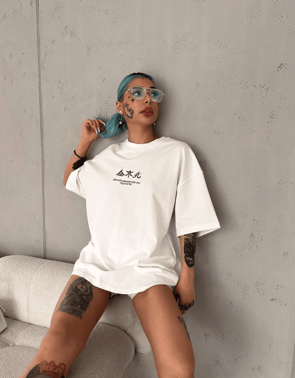 Kadın Baskılı Kısa kol Oversize T-Shirt - Beyaz