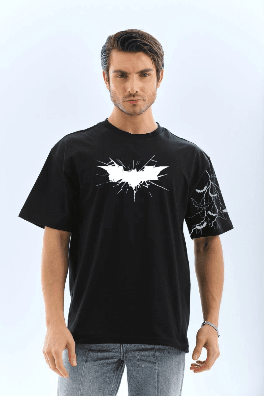 ERKEK Bisiklet yaka tişort Ön ve Kol YARASA Baskılı T-shirt - Siyah — görsel 1 / 2