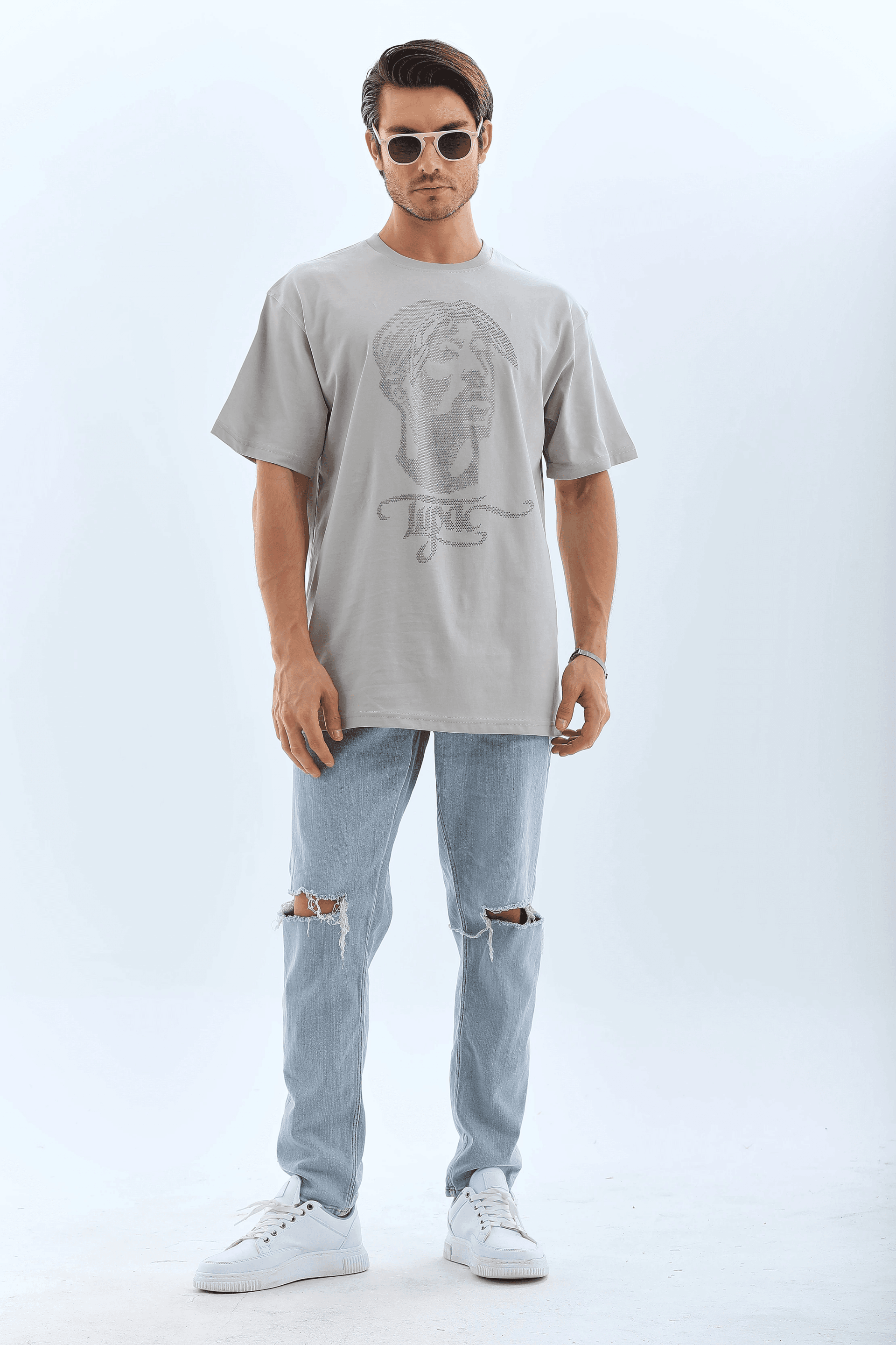 ERKEK Tişört TAŞ Detaylı Bisiklet Yaka Kısa kol T-Shirt - Gri — görsel 1 / 8