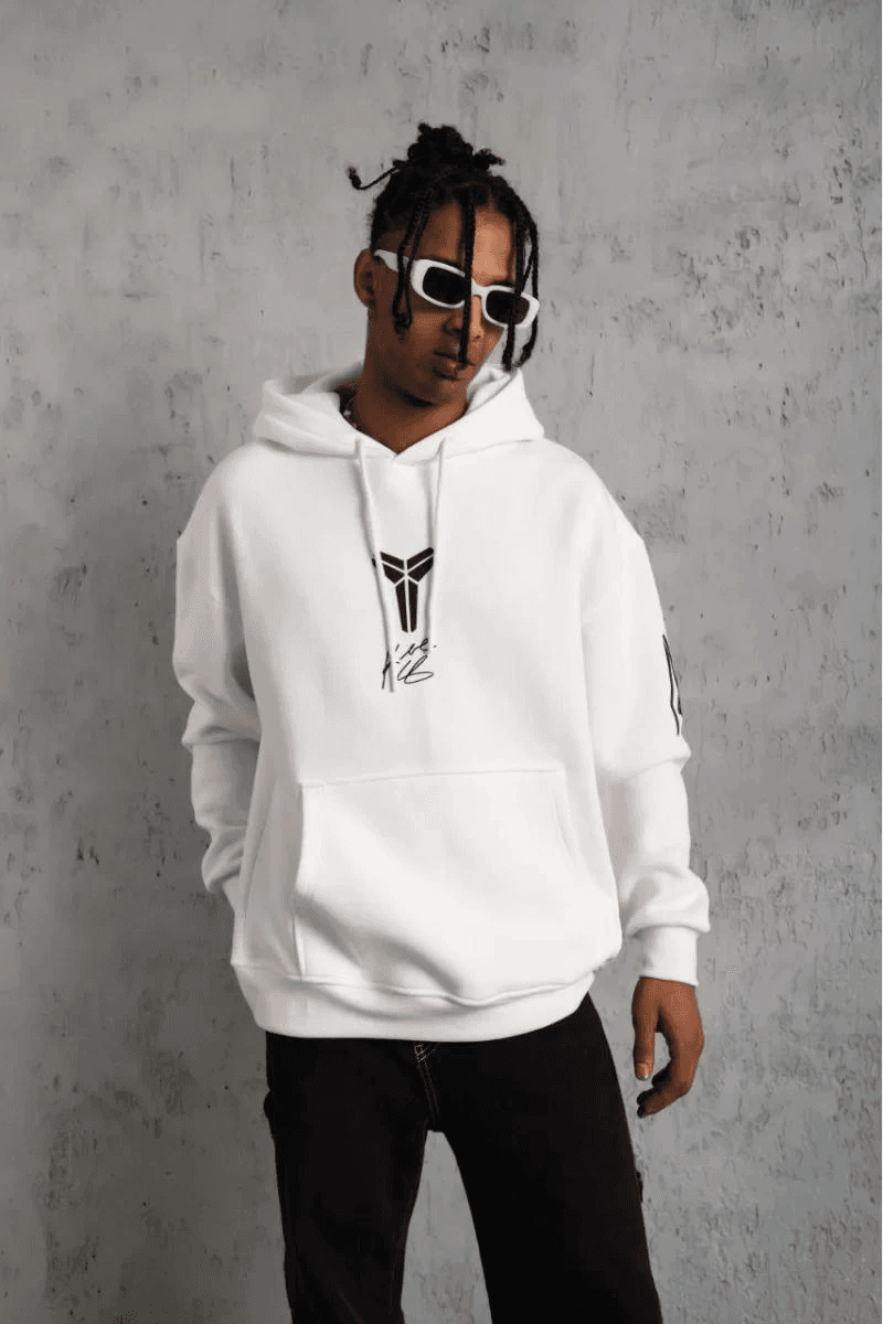 BErkek 3 İplik Pamuklu Kapüşonlu Baskılı Cepli Oversize Sweatshirt Hoodie - eyaz
